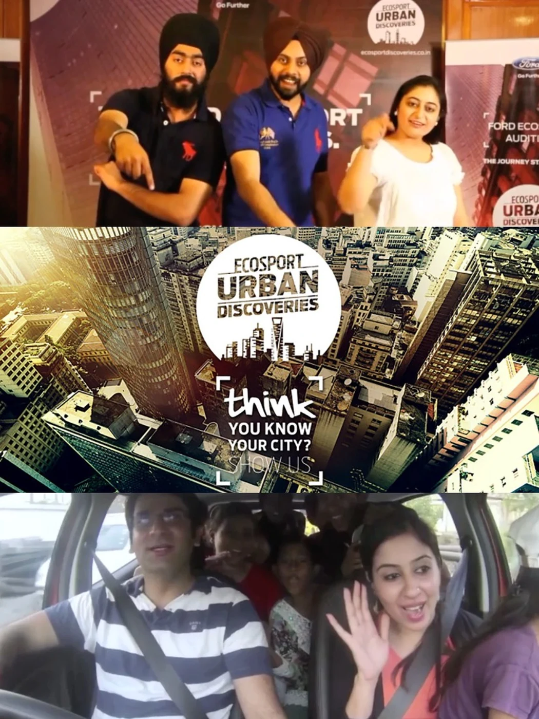 Urban Discoveries in India: a dealership activation, the campaign key visual asking think you know your city, and participants filming from inside the car