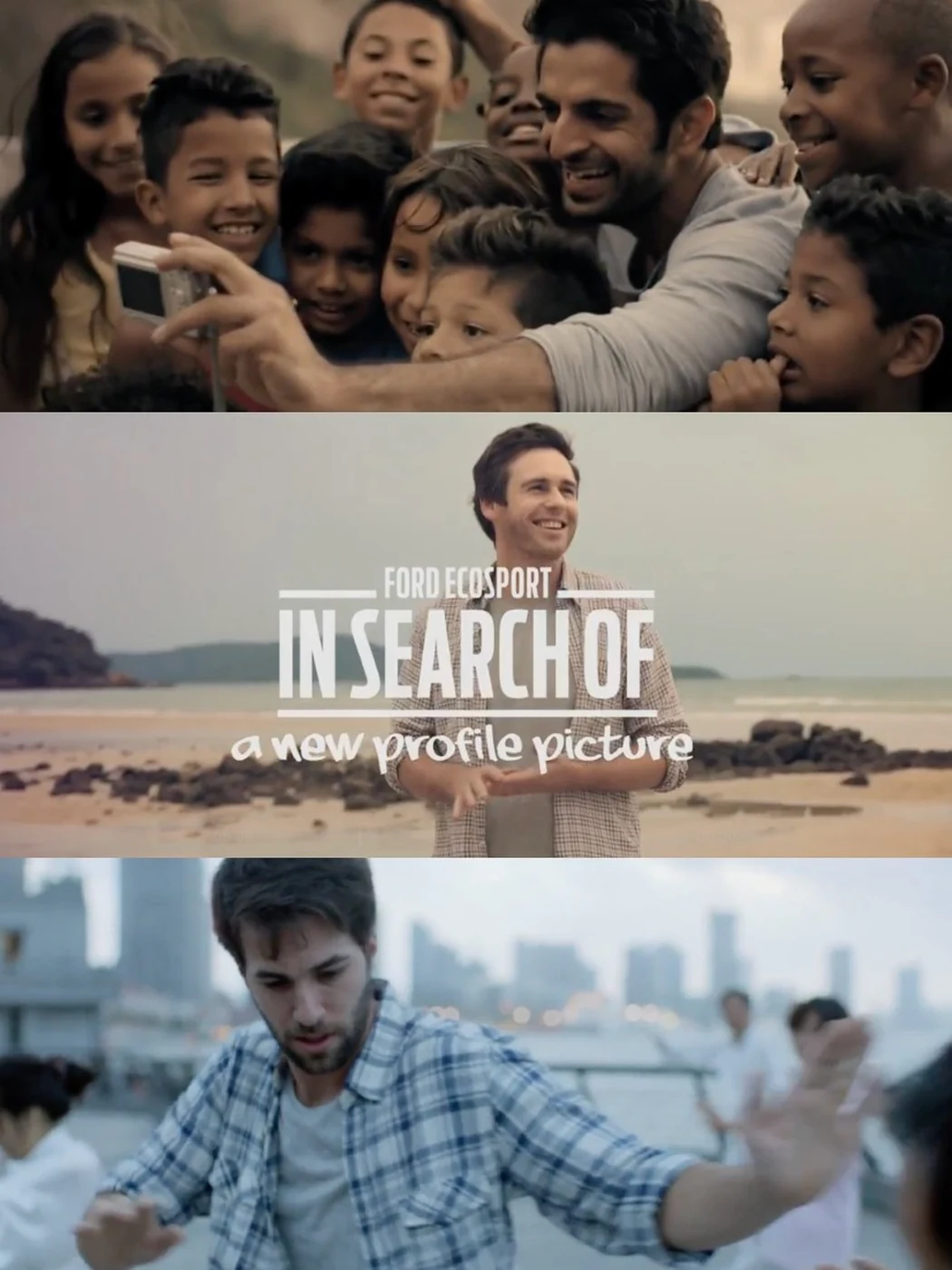 Three moments from the launch films: a traveler photographing with a group of children, the title card in search of a new profile picture, and a driver greeted by people on the road