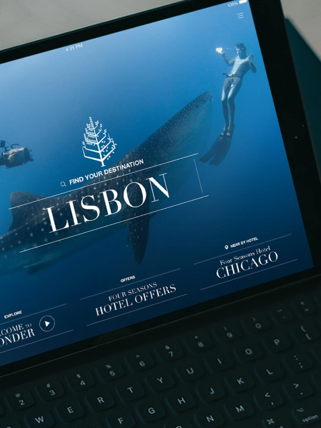 The app on a tablet, showing a hotel destination screen