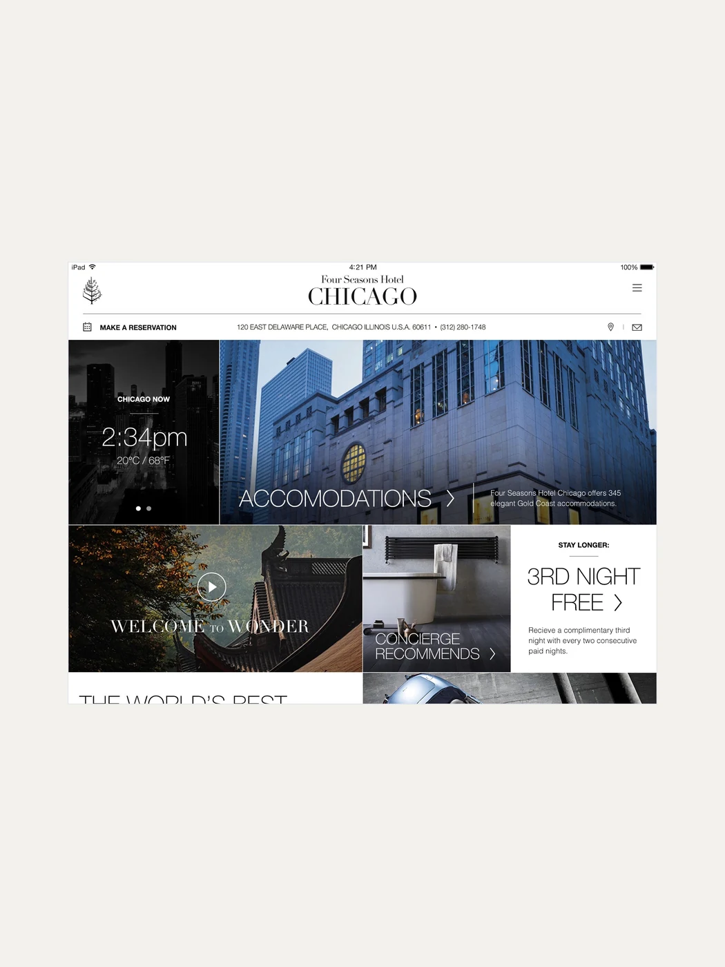 The Chicago hotel home screen with local time, weather and offers