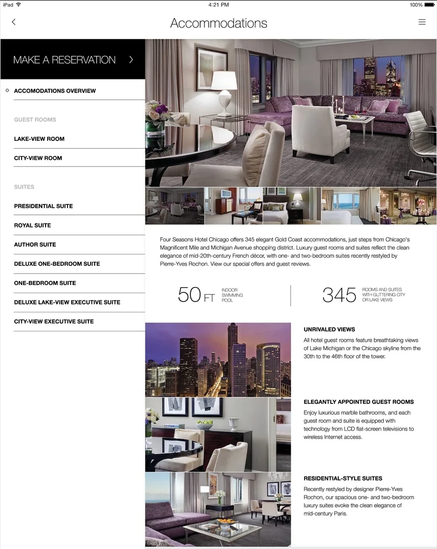 The accommodations screen with room types, details and photography