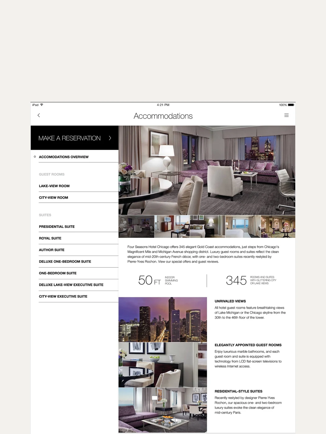 The accommodations screen with room types, details and photography