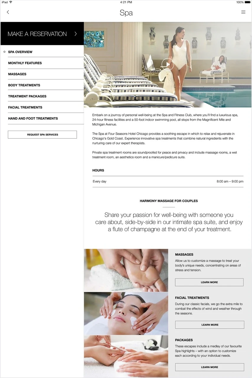 The spa screen with treatments, hours and booking