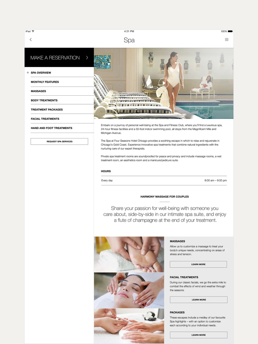The spa screen with treatments, hours and booking