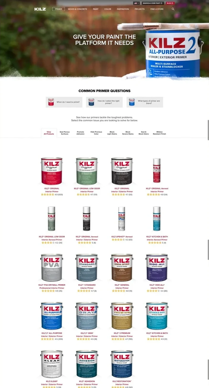 The primer range, with common questions and the full product line