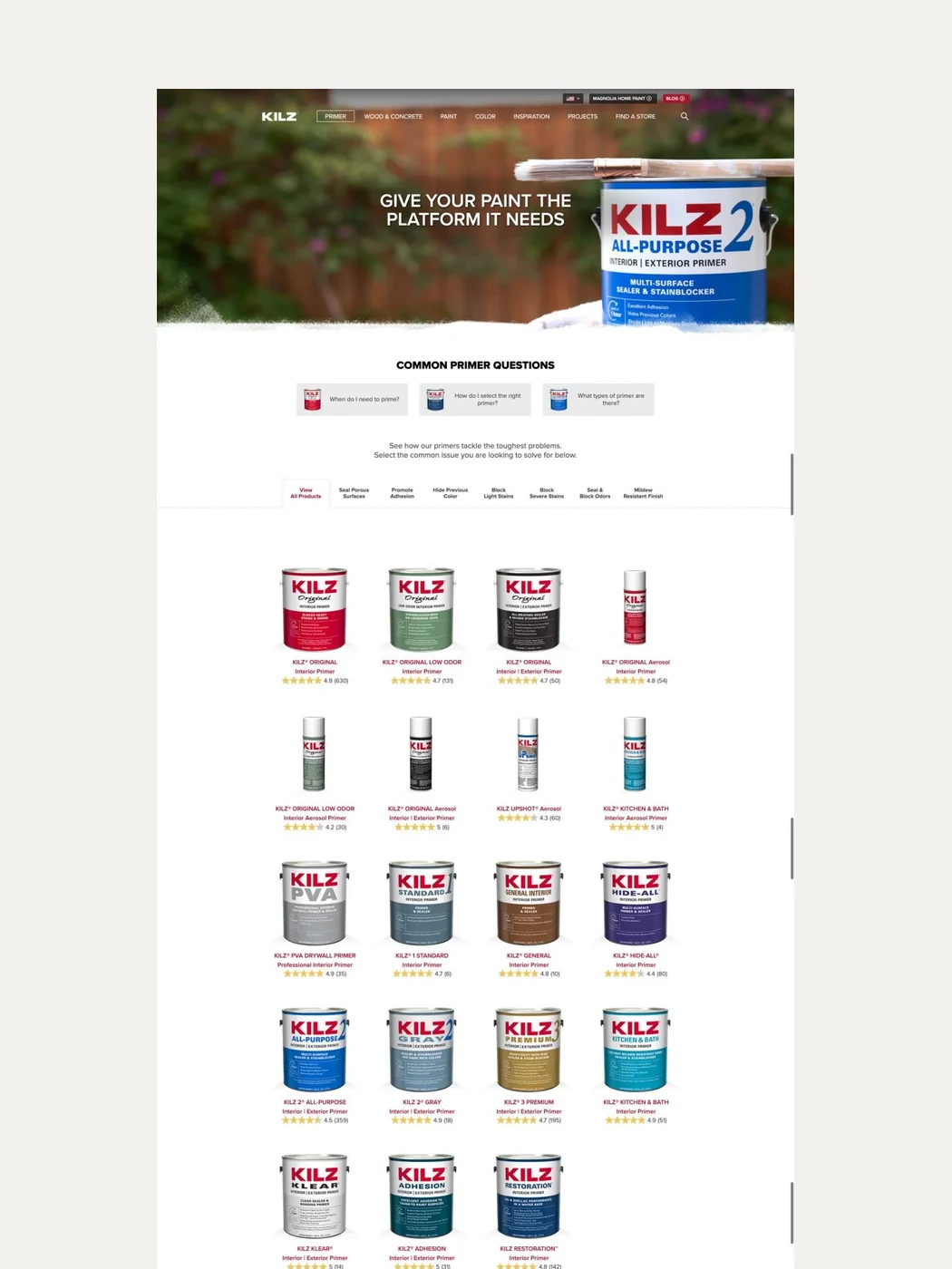 The primer range, with common questions and the full product line