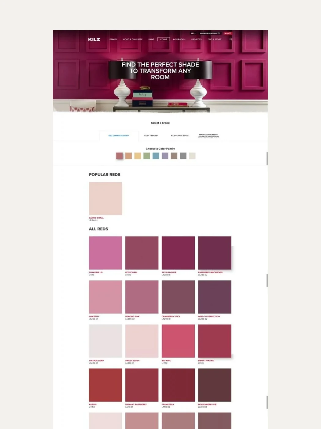 The colour finder, showing a full family of shades