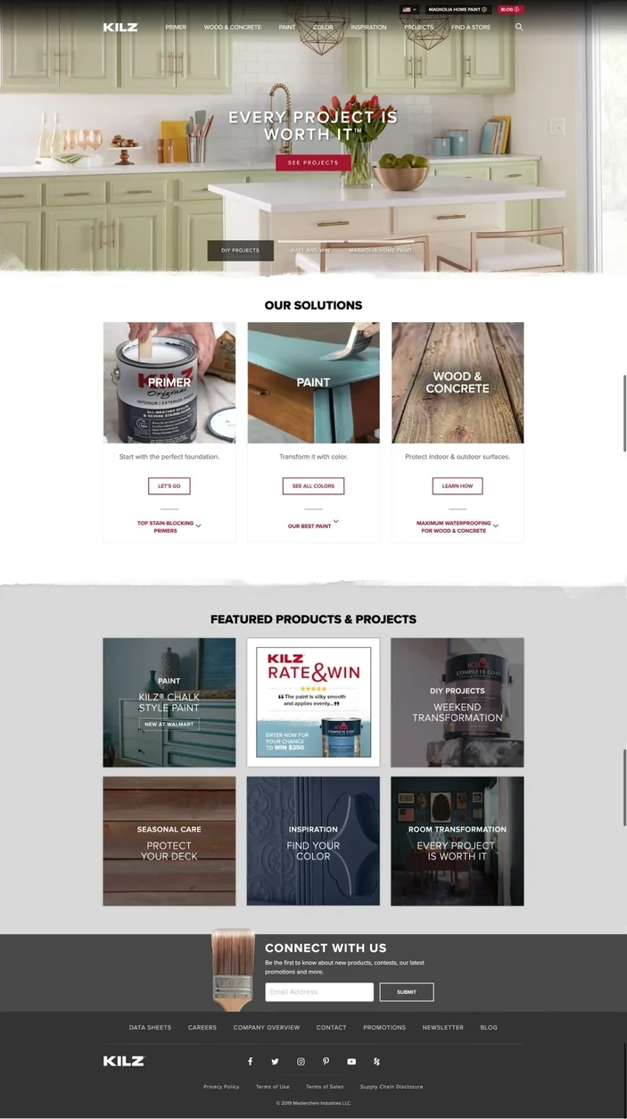 The KILZ homepage, with project inspiration and product routes