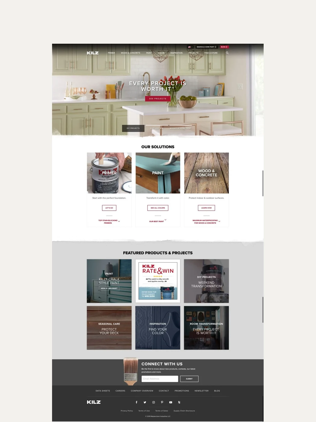 The KILZ homepage, with project inspiration and product routes