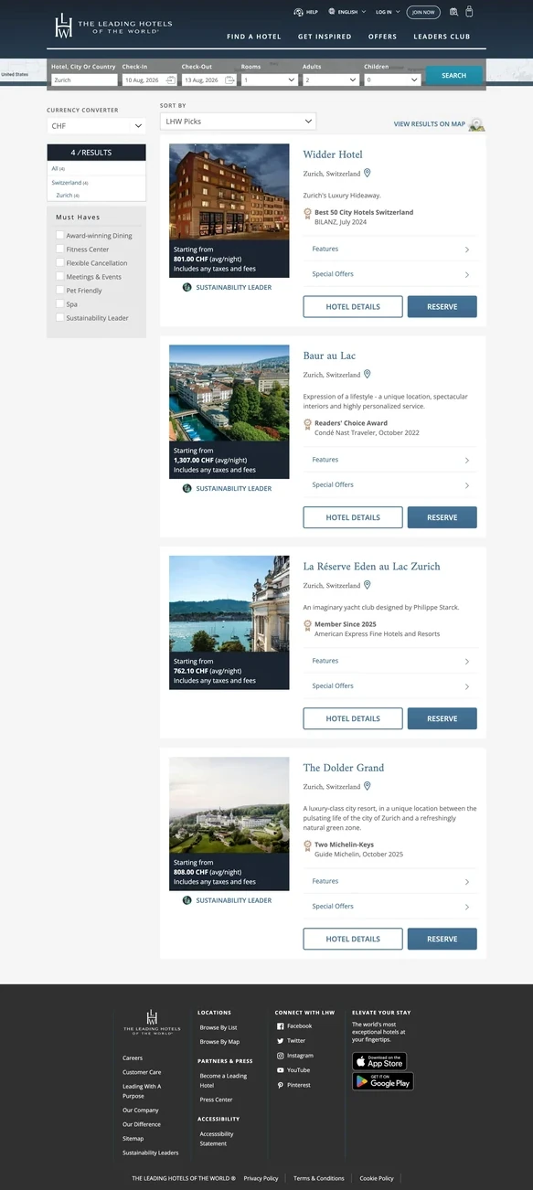 Search results listing available hotels with rates and filters