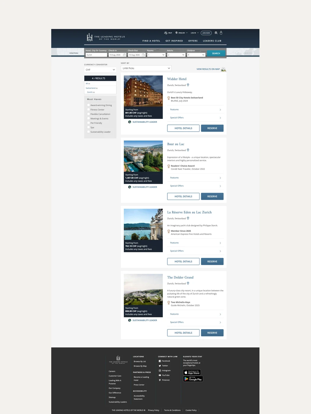 Search results listing available hotels with rates and filters