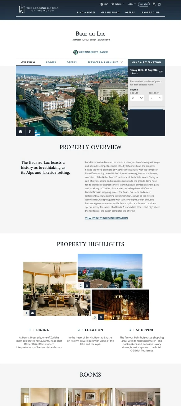 A hotel detail page with overview, highlights, rooms and local information