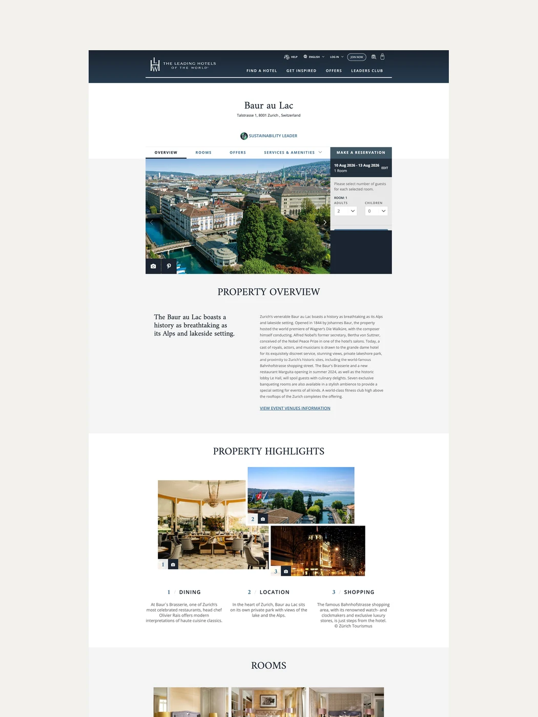 A hotel detail page with overview, highlights, rooms and local information