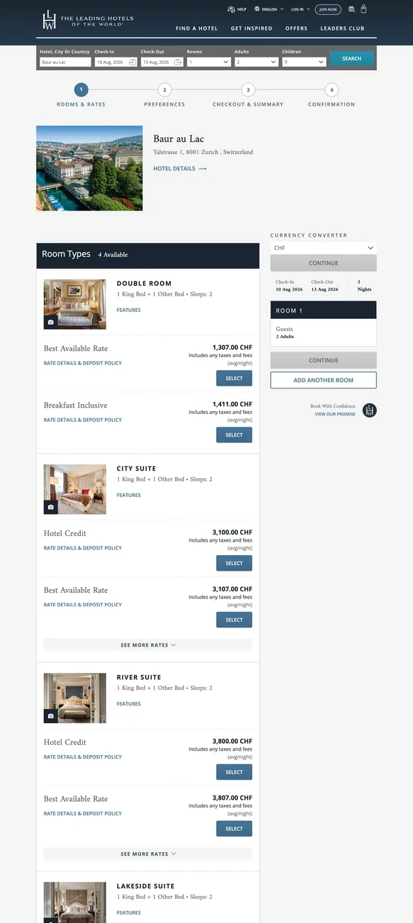 Room and rate selection for a chosen hotel
