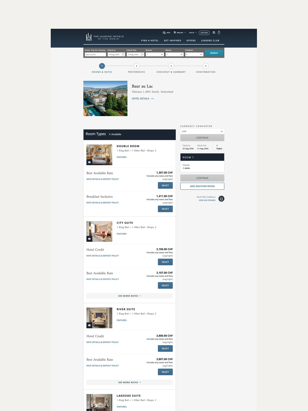 Room and rate selection for a chosen hotel
