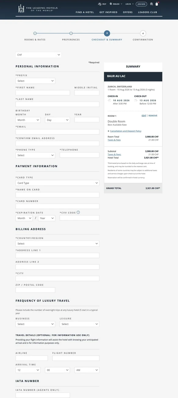 The checkout step with guest details and reservation summary