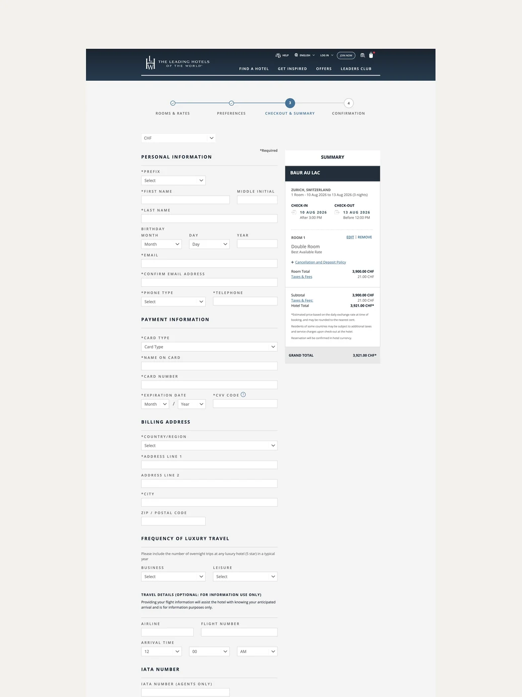 The checkout step with guest details and reservation summary