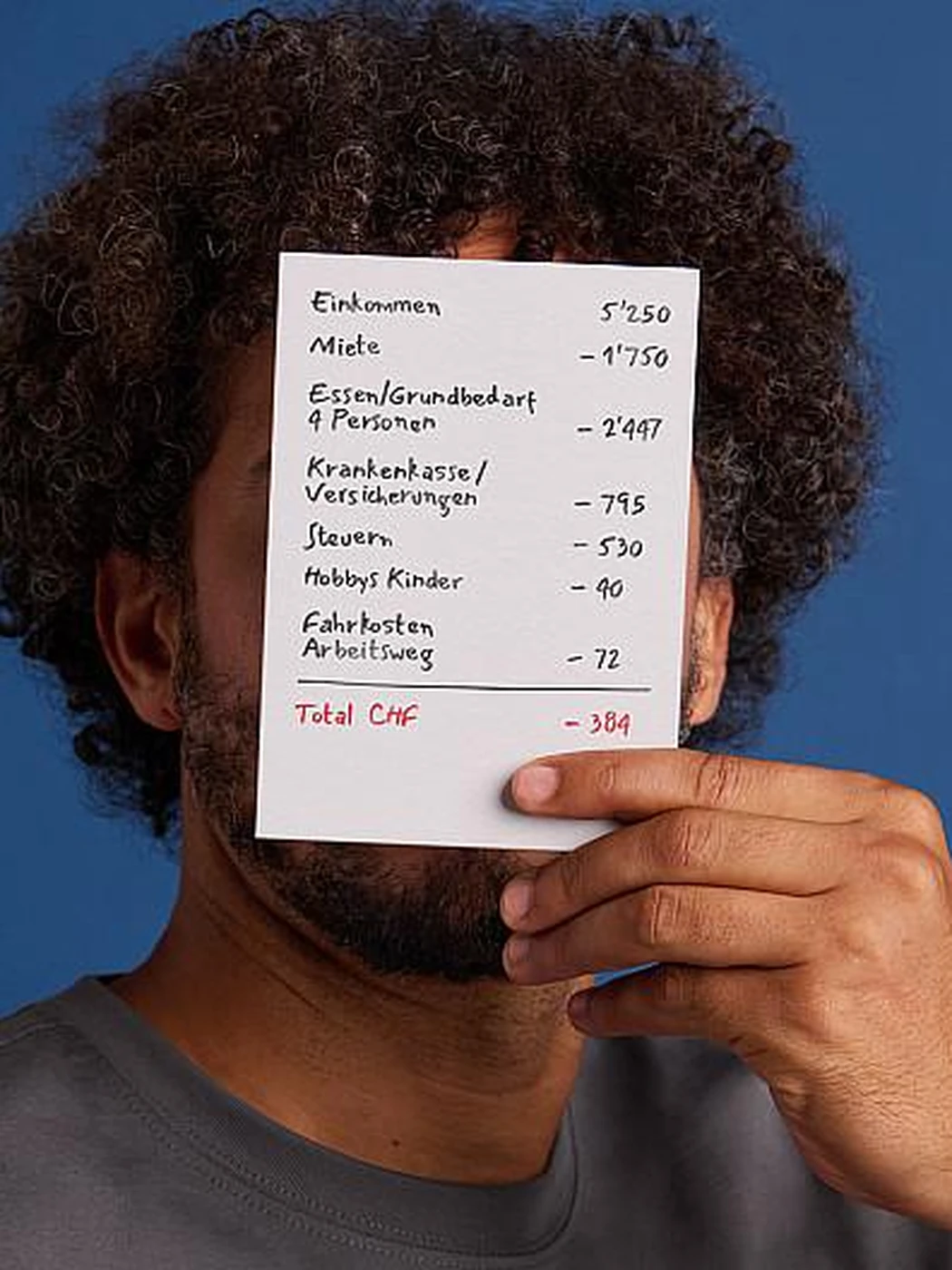Campaign key visual: a person holding a monthly budget sheet in front of their face