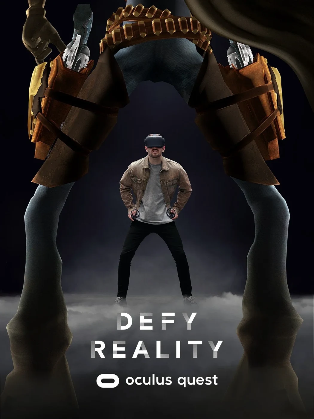 Defy Reality poster: a player dwarfed by a virtual giant