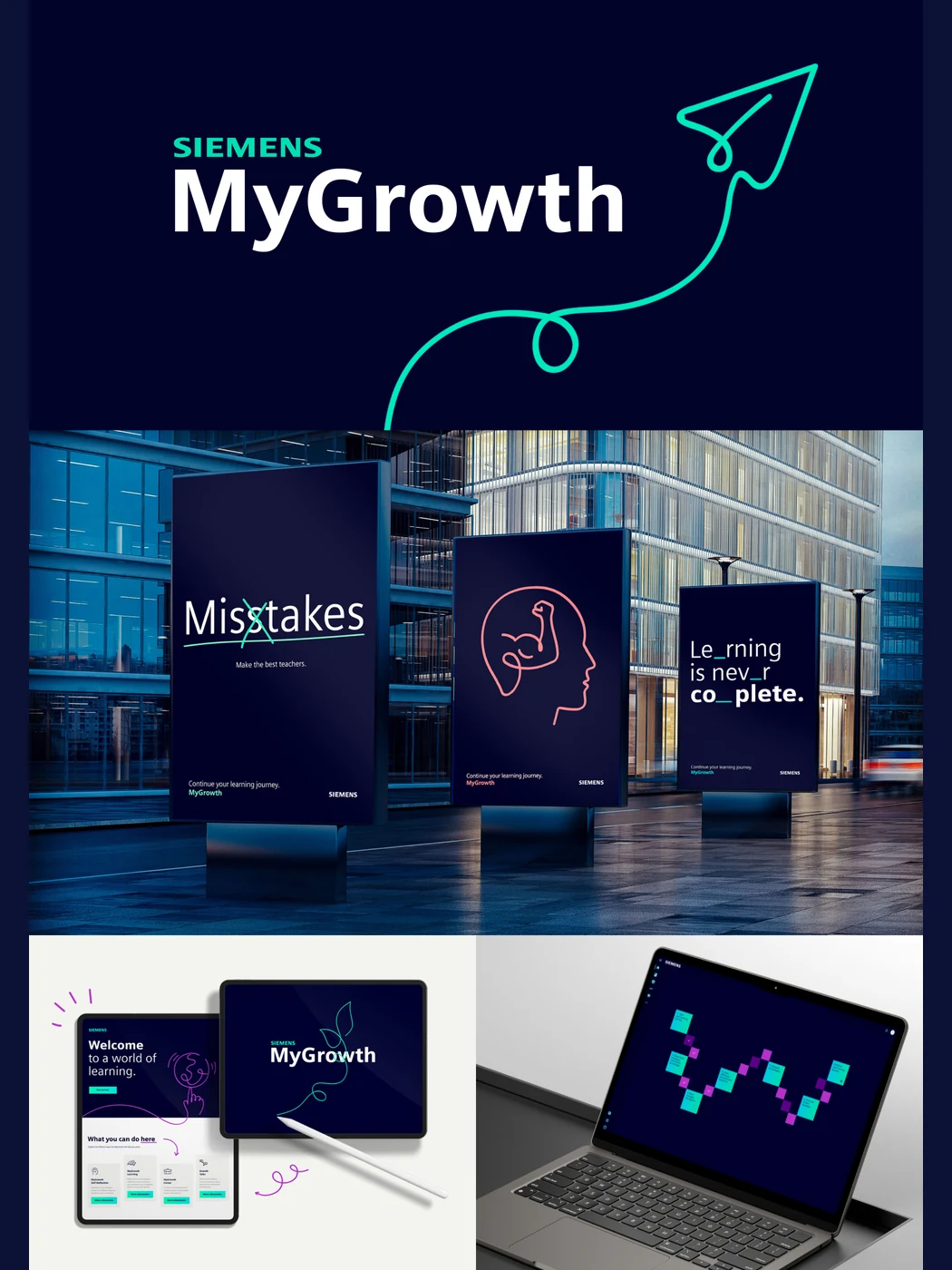The MyGrowth identity applied across posters, tablet and laptop
