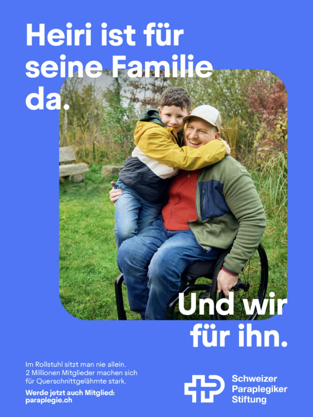Poster: a father in a wheelchair holding his child outdoors