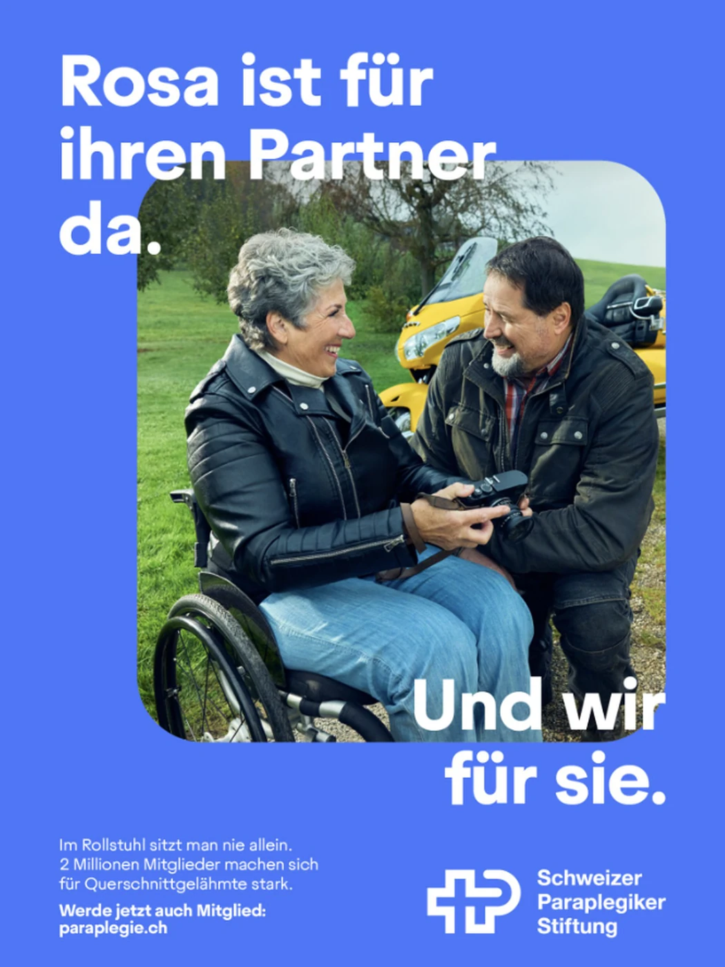Poster: a couple outdoors, one of them in a wheelchair