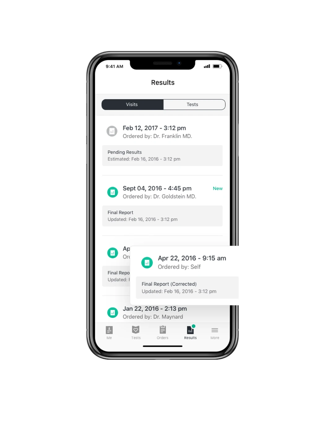 Results list by visit, with report status per entry