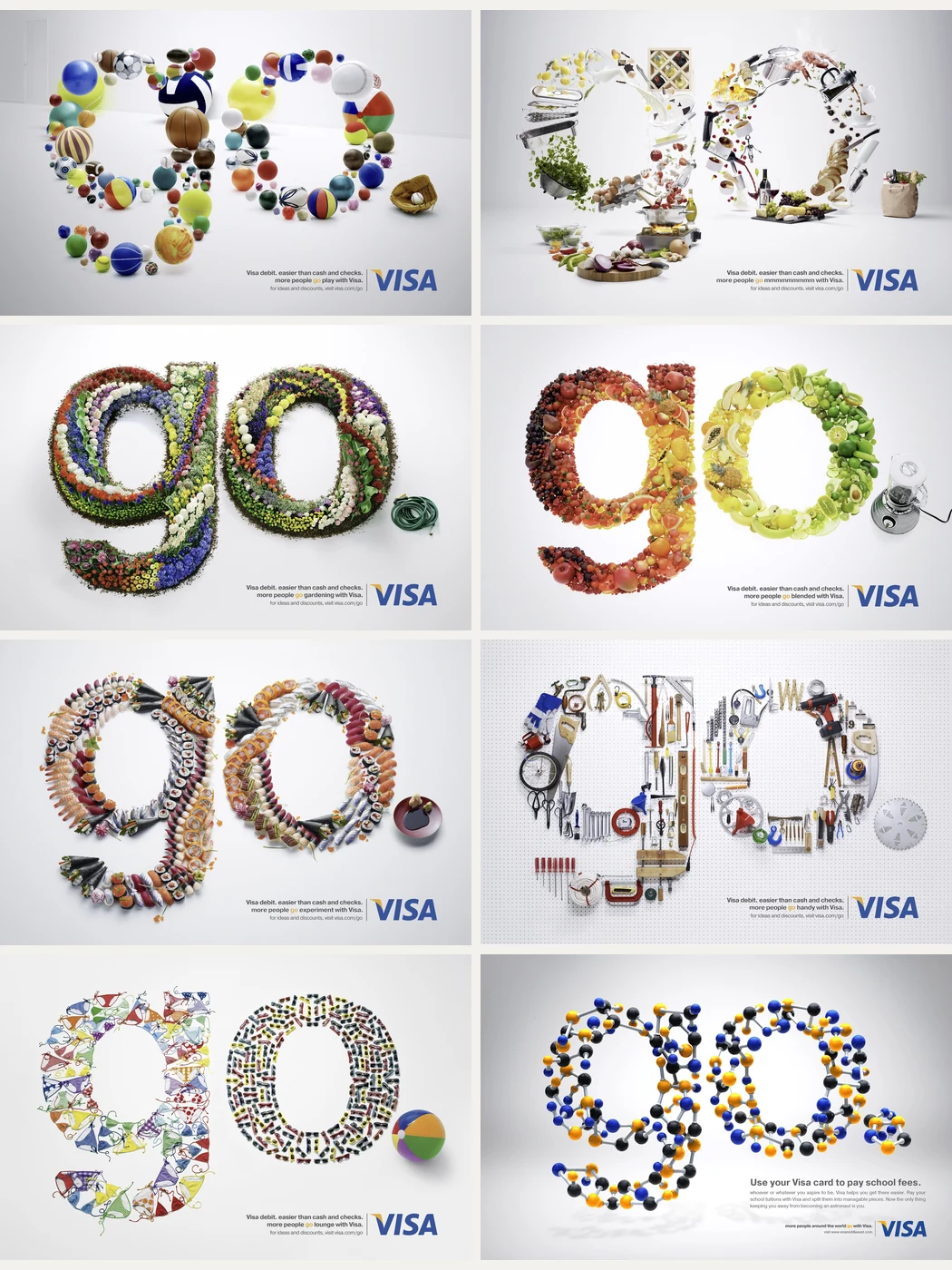 Eight executions of the Go campaign, each spelling go from a different world of objects