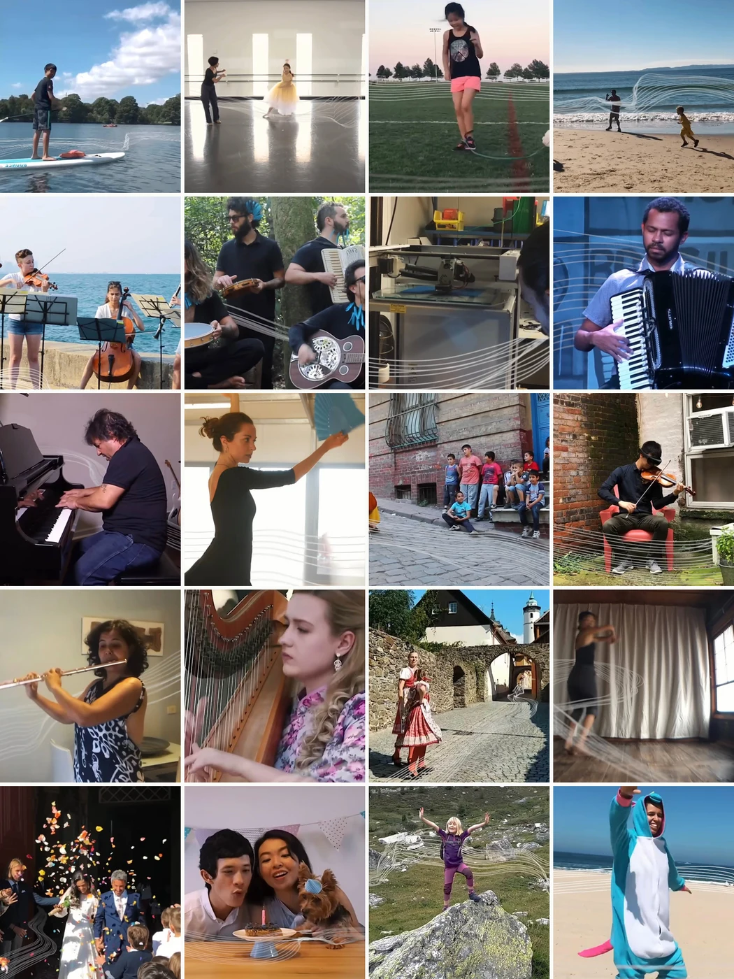 A mosaic of twenty submissions from the audience: string players, dancers,
a harpist, a runner, a paddleboarder and more