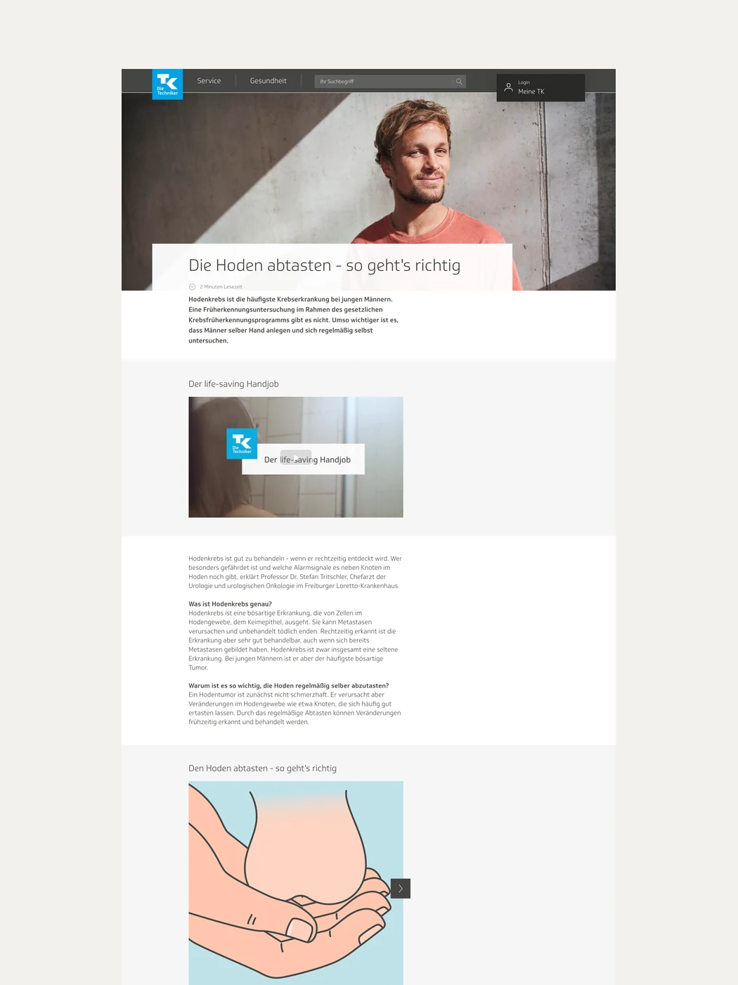 The client's health page explaining testicular self-examination, with medical illustrations