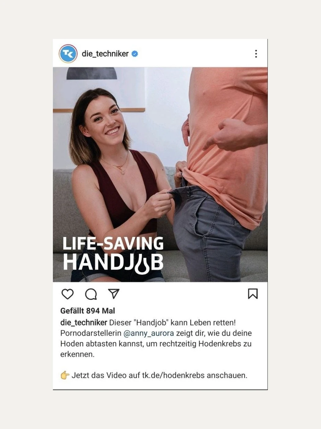 The campaign post: the performer beside a man, with the words life-saving handjob